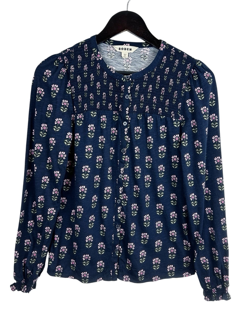 Boden Navy Floral Button Down Long Sleeve Blouse Women's Size 6